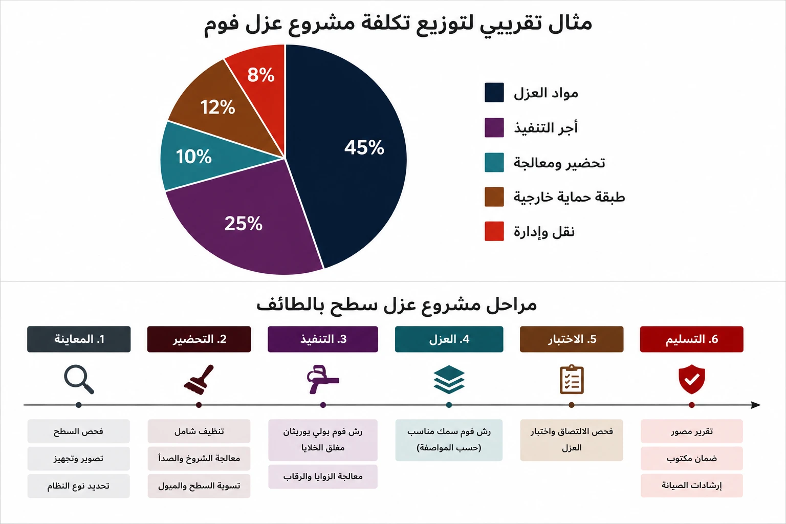 مخطط يوضح توزيع تكلفة مشروع عزل فوم للأسطح ومراحل تنفيذ عزل سطح بالطائف بدءًا من المعاينة والتحضير وحتى الاختبار والتسليم النهائي.