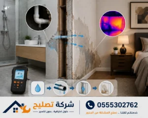 علاج تسرب الماء داخل الجدار و إصلاح مواسير المياه بدون تكسير 2 تسرب من الحمام إلى الغرفة المجاورة